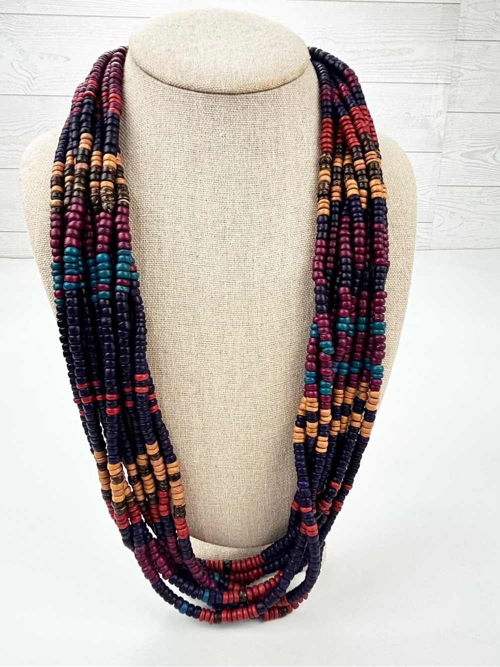 Multistrand Beaded Statement Necklace in Navy, Burgundy & Teal